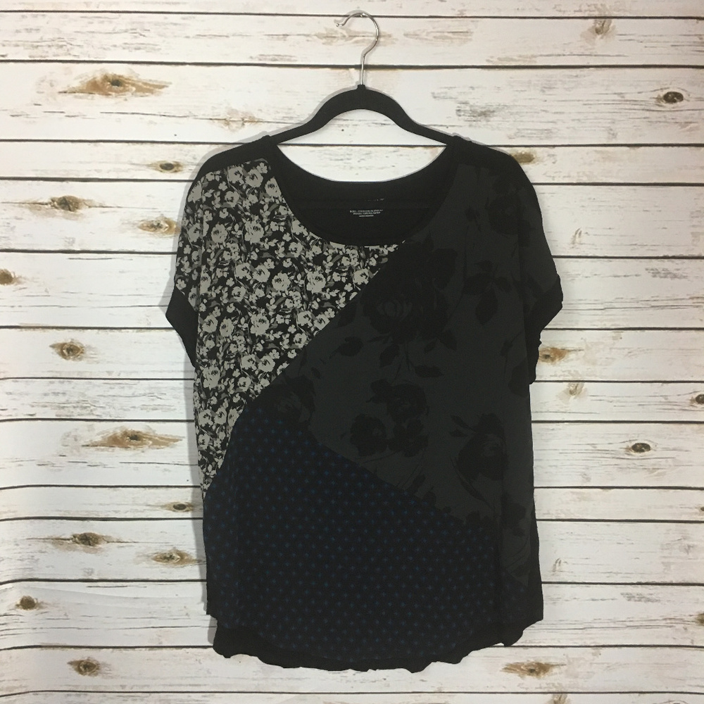 Lane Bryant Patchwork Floral Top 2x Black White